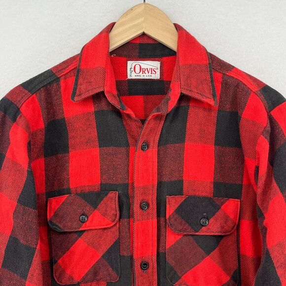 ORVIS Shirt Men M Wool Blend Flannel Buffalo Check Button Up Shacket Red USA VTG - Picture 4 of 14
